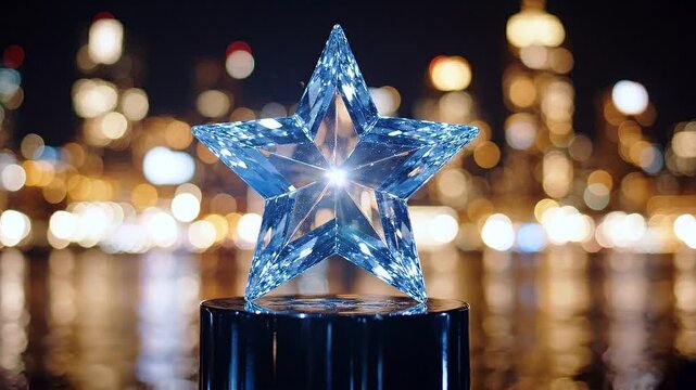 Crystal star trophy glitters at night with blurred city lights reflecting on water, representing success and achievement.