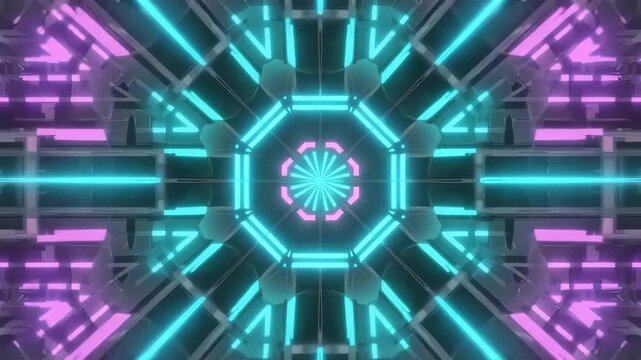 Futuristic Neon Geometric Tunnel with Symmetrical Cyan and Pink Light Patterns