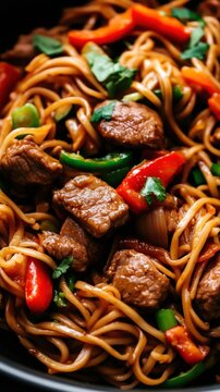 Wok Fried Beef Noodles with Vegetables and Sauce