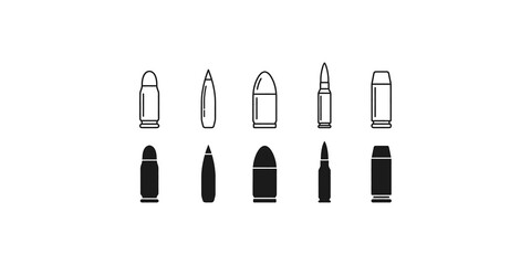 Collection of outline and solid black bullet icons for firearm ammunition representation. © Unique Vectors