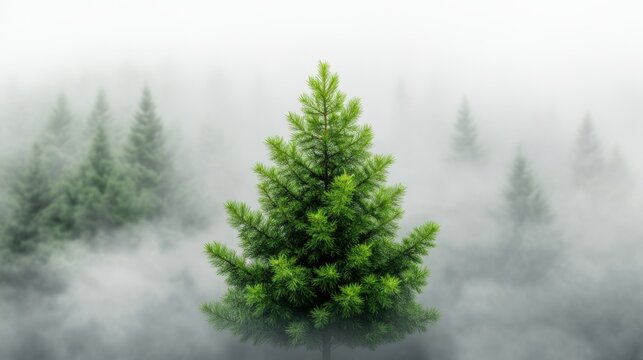 Minimalist landscape concept with a sharp green fir tree surrounded by soft foggy atmosphere