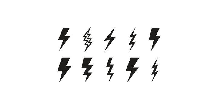 Set of black lightning bolt icons in various dynamic shapes for power and energy concepts.
