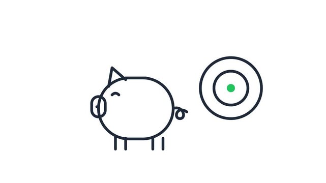 Simple line drawing of a piggy bank and target. Green dollar sign floats above the pig. Target center has a green dot. Pig has a happy, contented expression. Perfect for finance or savings concepts