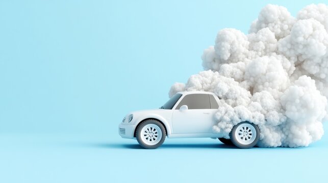 White Toy Car Driving with Big White Smoke Cloud Behind