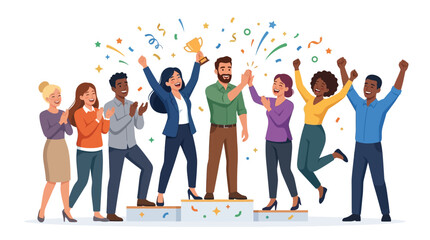 Obraz premium Multicultural team celebrating victory, holding trophy, confetti falling, success