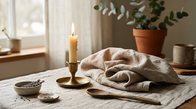 Lit candle in brass holder on a rustic linen table with wooden spoon and potted plant perfect for sexual health week
