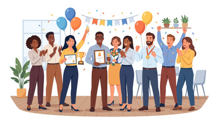 Obraz premium Happy Diverse Business Team Celebrating Success with Awards and Balloons