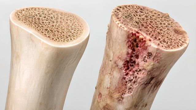 Osteomyelitis bone comparison medical illustration showing normal long bone anatomy versus cortical erosion and infection changes for healthcare education, radiology reference, and patient information