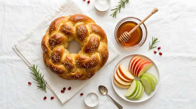 Round challah bread with honey and sliced apples for rosh hashanah celebration perfect for rosh hashanah