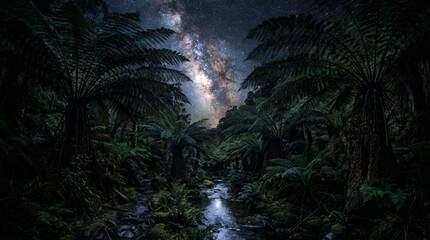 Fototapeta premium Milky Way Galaxy Above A Tropical Jungle Stream With Lush Fern Trees At Night