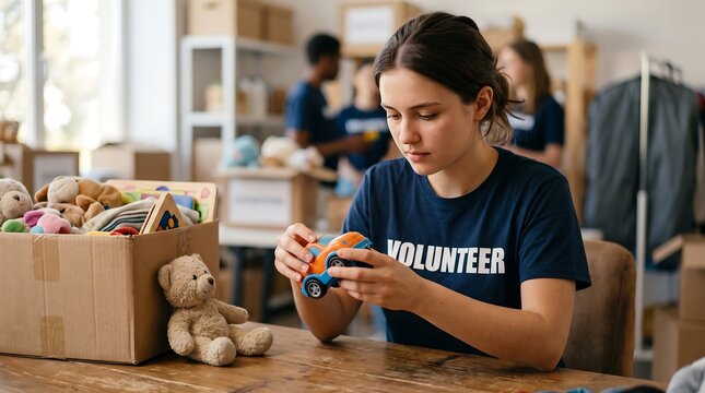Young woman volunteer sorting donated toys in a charity organization, preparing items for distribution to children in need.
