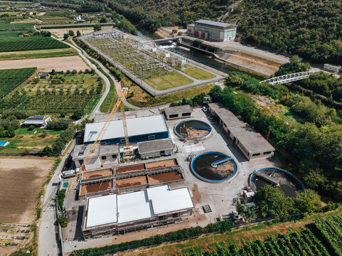 Aerial view of wastewater treatment plant in rural Italy