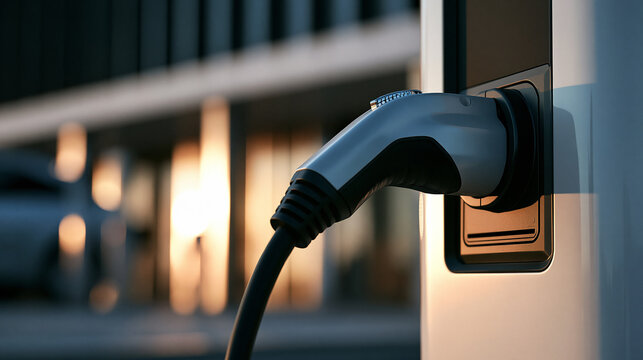Electric Vehicle Charging Connector Plugged Into Modern EV Charging Station