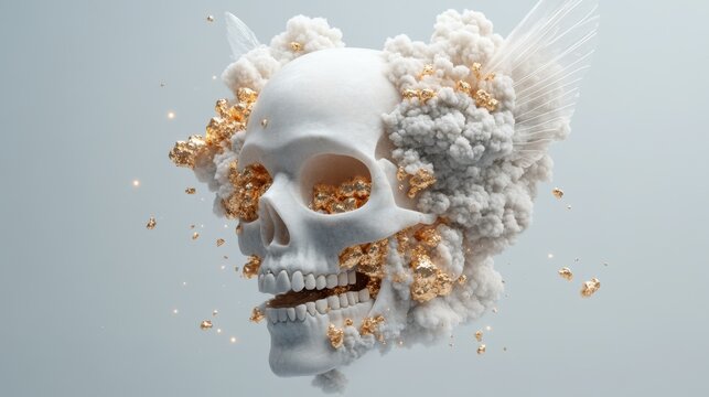 Surreal White Skull Encrusted with Gold and Smoke