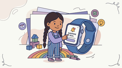 Fototapeta premium Young girl with braided hair interacts with a smartwatch displaying a surprise deal notification while surrounded by toys and art supplies