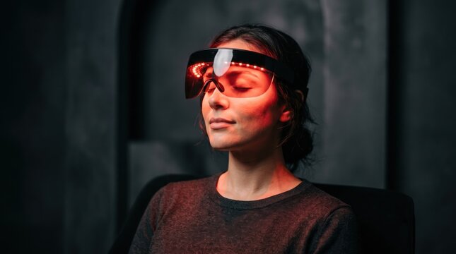 Woman wearing red light therapy goggles during facial treatment for anti aging skincare