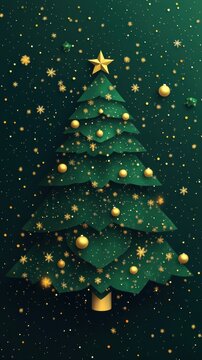 Elegant flat green Christmas tree with gold balls star and snowflakes on dark background