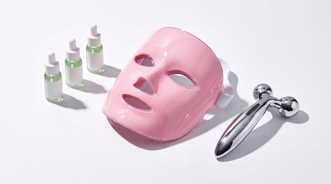 Anti aging skincare products with facial mask and massage roller arranged on a bright surface. Beauty routine for youthful skin, hydration, wellness, and cosmetic treatment.