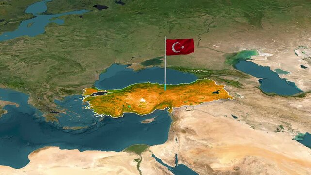 3D Satellite Map of Turkey with Highlighted Border and Waving Turkish Flag