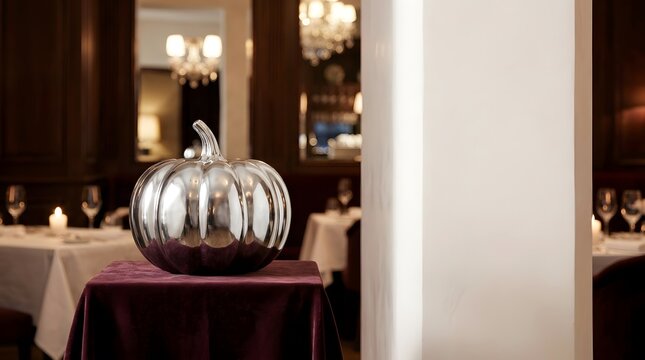 A beautifully decorated halloween scene featuring a metallic pumpkin centerpiece set within an elegant dining room ambiance perfect for autumnal celebrations and spooky gatherings