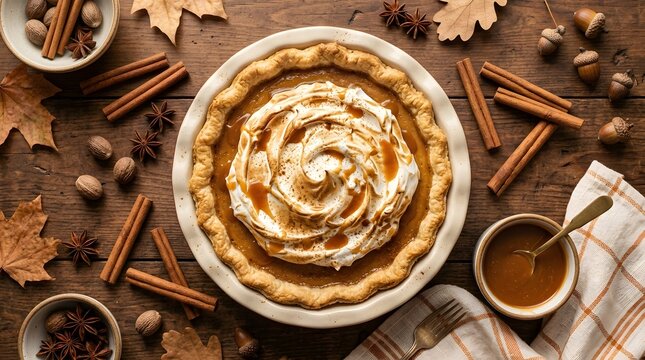 Homemade butterscotch cinnamon pie with whipped cream topping on a rustic wooden table perfect for butterscotch cinnamon pie day