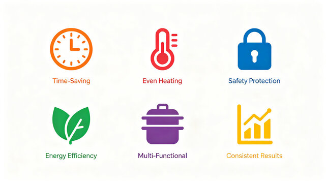 Flat kitchen appliance function icon, time-saving, uniform heating, safe and energy-saving multifunctional, suitable for kitchen small appliance e-commerce pages and product posters.
