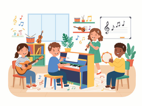 Diverse children playing various musical instruments in a colorful classroom environment vector illustration for education and early childhood creative learning