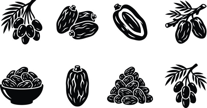 Date Fruit Vector Silhouette Set, Palm Dates Branch and Bunch
