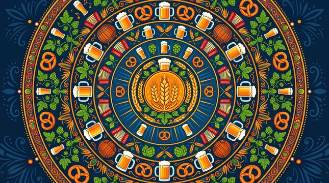 Intricate beer and pretzel mandala pattern.