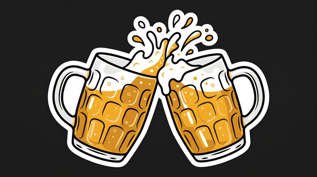 Two clinking beer mugs sticker icon on black.