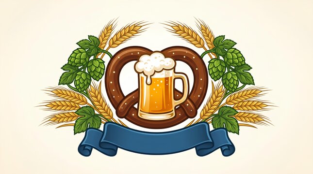 Oktoberfest emblem with pretzel and beer mug.