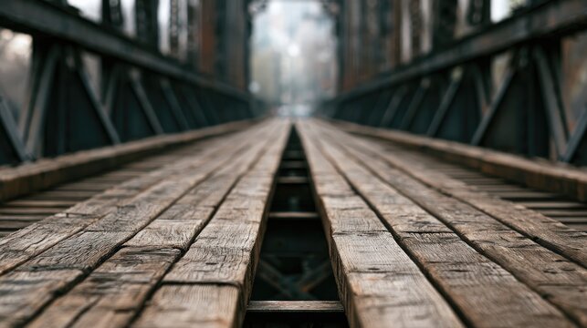 Old wooden railroad bridge, weathered planks receding into a misty, atmospheric landscape