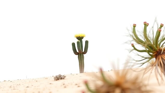 Close up of a small blooming cactus with yellow flower in sand against white