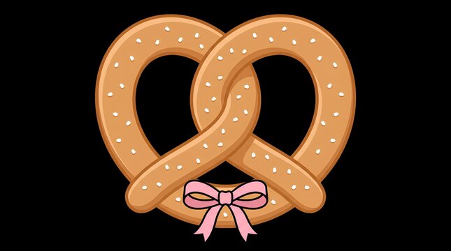 Salted soft pretzel with pink bow on black background.