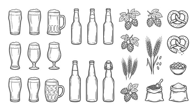 Collection of beer glasses bottles and brewery elements line art.