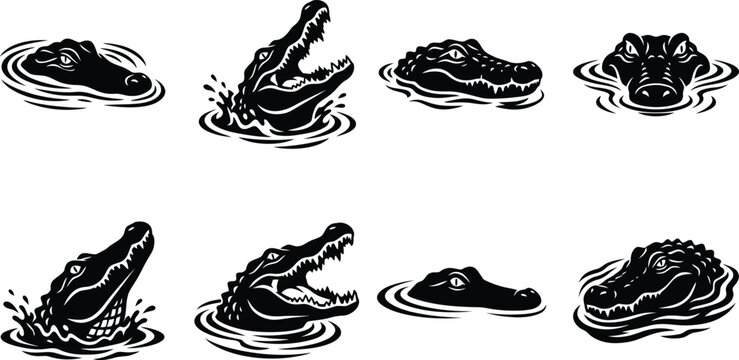 Alligator Head Emerging from Water Vector Silhouette Set