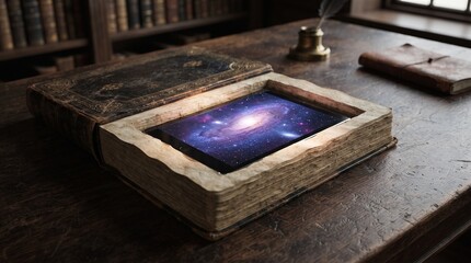 Fototapeta premium Conceptual Digital Education Showing an Antique Book Hollowed Out to Reveal a Tablet Displaying a Galaxy