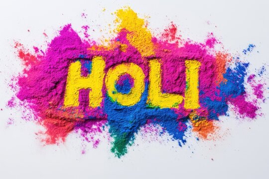 Top view of colorful holi powder and the text "HOLI" on white background