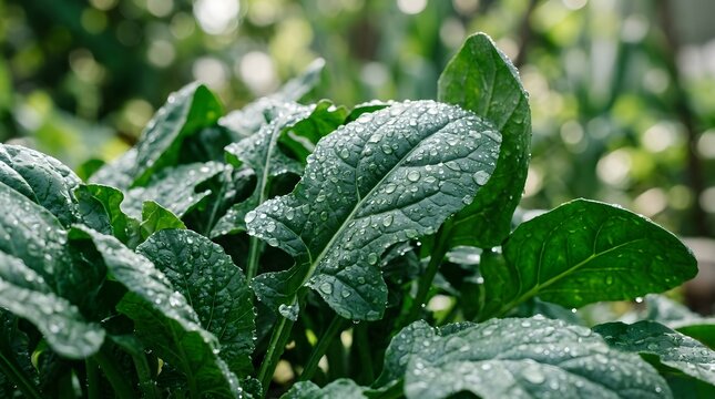 Fresh green spinach leaves with water droplets growing in a garden vegetable patch perfect for folic acid awareness week
