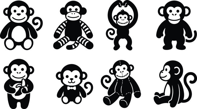 Monkey Plush Toy Vector Silhouette Set, Stuffed Animal Teddy Monkey Icons