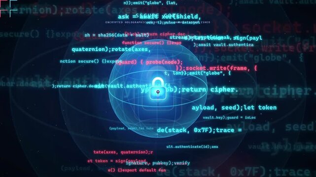 Digital Cybersecurity Interface with Glowing Blue Lock Icon and Scrolling Computer Programming Code Background