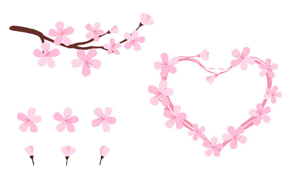 Cute pink sakura flower collection with blooming branches, delicate petals, small buds, and romantic heart wreath in hand drawn flat vector style. 