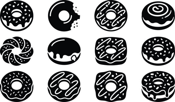 Donut Vector Silhouette Set, Sweet Doughnut Bakery Food Icons