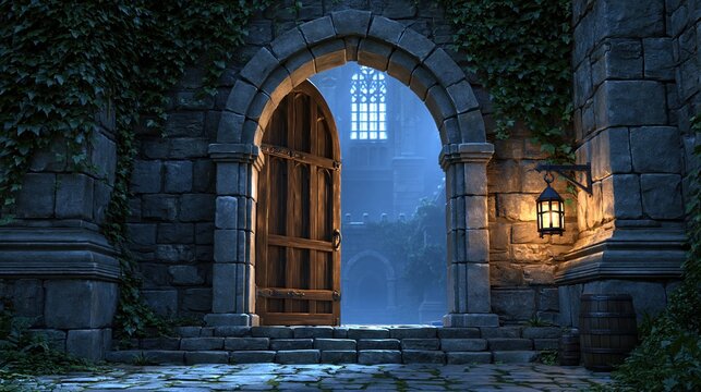 Ancient stone castle gate with an open wooden door and glowing lantern at dusk