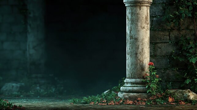 Ancient stone column with overgrown ivy and a single red rose in a dark, moody setting.