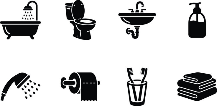 Bathroom Object Vector Silhouette Set, Hygiene Plumbing and Toiletries Equipment Icons