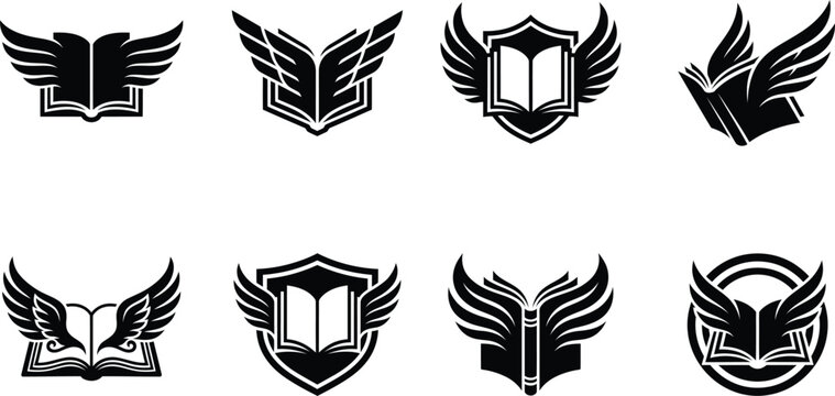 Open Book with Wings Vector Silhouette Set, Flying Book Knowledge Education