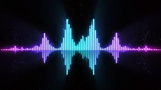 Dynamic neon equalizer pulsating in sync with music on black background with light flares and particles a modern visualizer for audio.