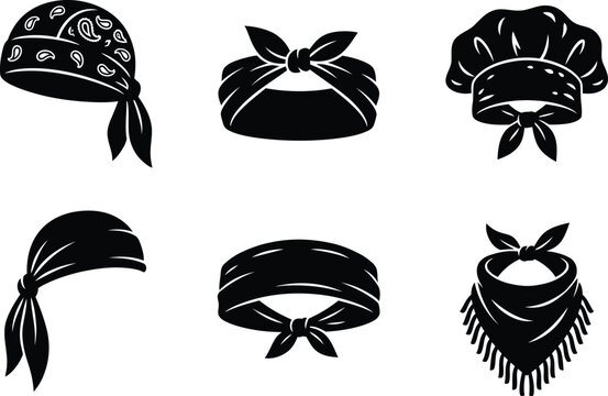 Bandana Headwear Vector Silhouette Set, Paisley Kerchief and Skull Cap