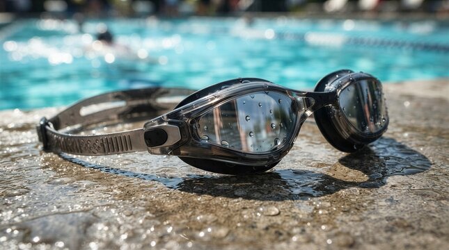 Swim goggles with water droplets beside pool edge under sunlight